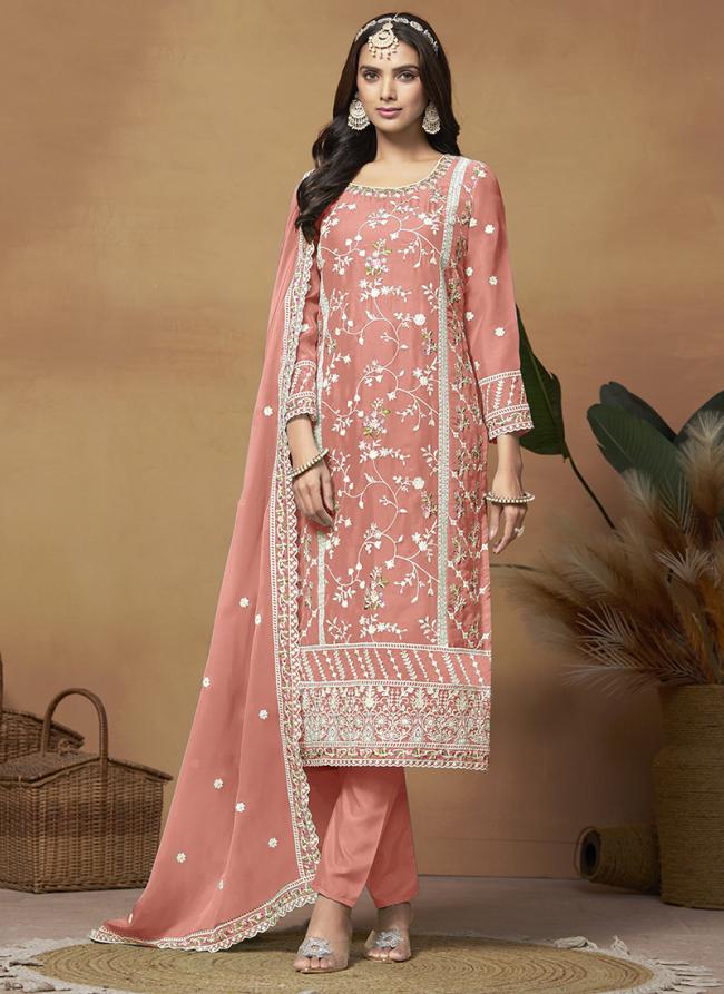 Soft Organza Peach Festival Wear Embroidery Work Salwar Suit